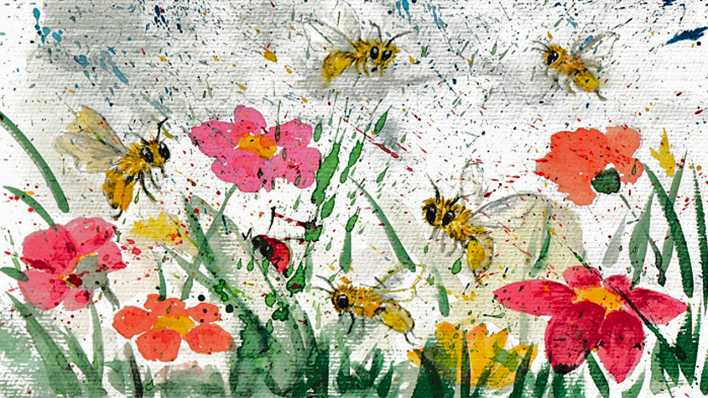 Bunte Zeichnung: eine Blumenwiese mit Bienen (Quelle: Charlotte Rieger)